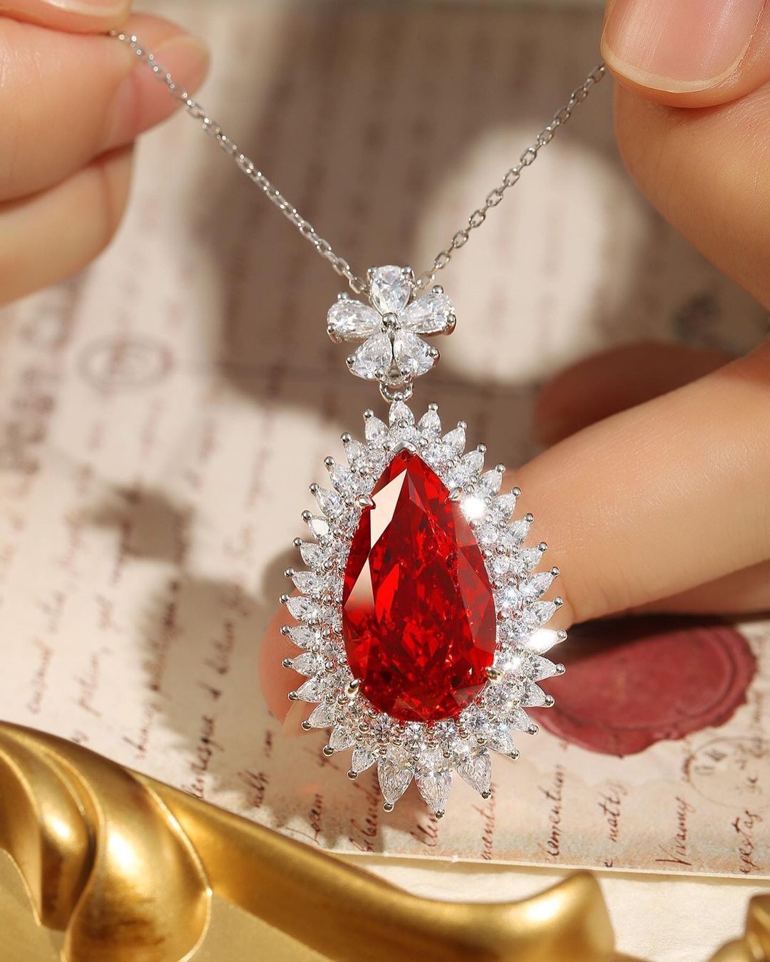 3.20Ct Red Pear Cut Double Halo Pendant | Special Occasion Pendant | Designer Jewelry Piece | Luxury Jewelry