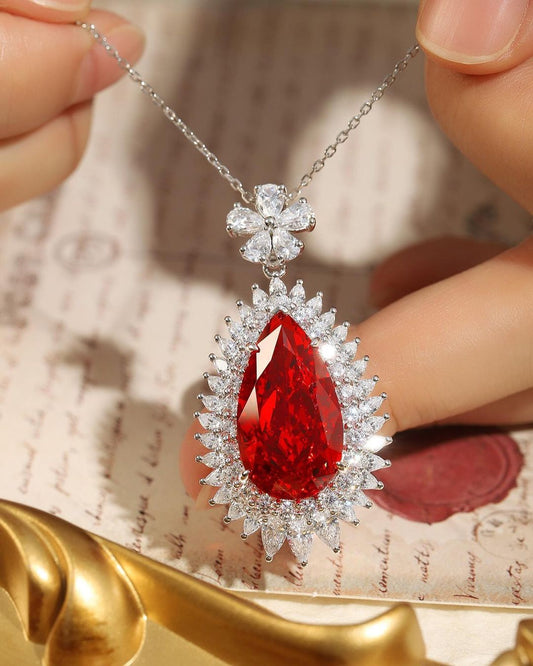 3.20Ct Red Pear Cut Double Halo Pendant | Special Occasion Pendant | Designer Jewelry Piece | Luxury Jewelry