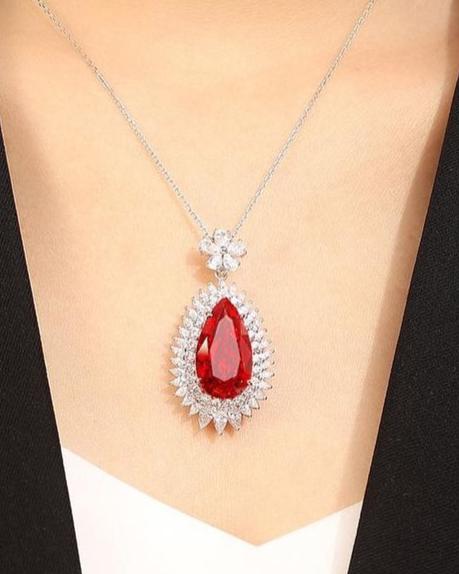 3.20Ct Red Pear Cut Double Halo Pendant | Special Occasion Pendant | Designer Jewelry Piece | Luxury Jewelry