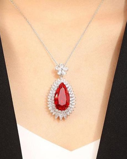 3.20Ct Red Pear Cut Double Halo Pendant | Special Occasion Pendant | Designer Jewelry Piece | Luxury Jewelry