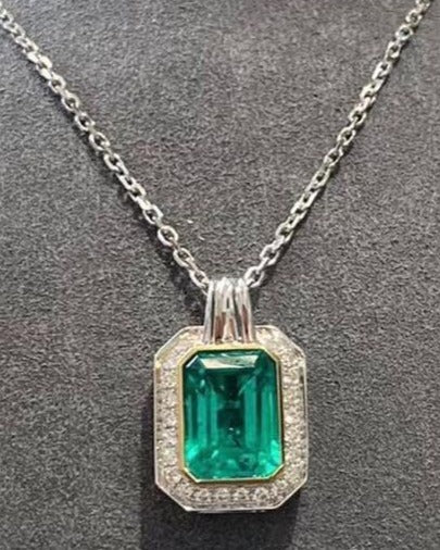 2.88Ct Green Emerald Cut Halo Pendant | Wedding Pendant For Bridal | Charming Pendant | Birthstone Pendant