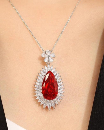 3.20Ct Red Pear Cut Double Halo Pendant | Special Occasion Pendant | Designer Jewelry Piece | Luxury Jewelry