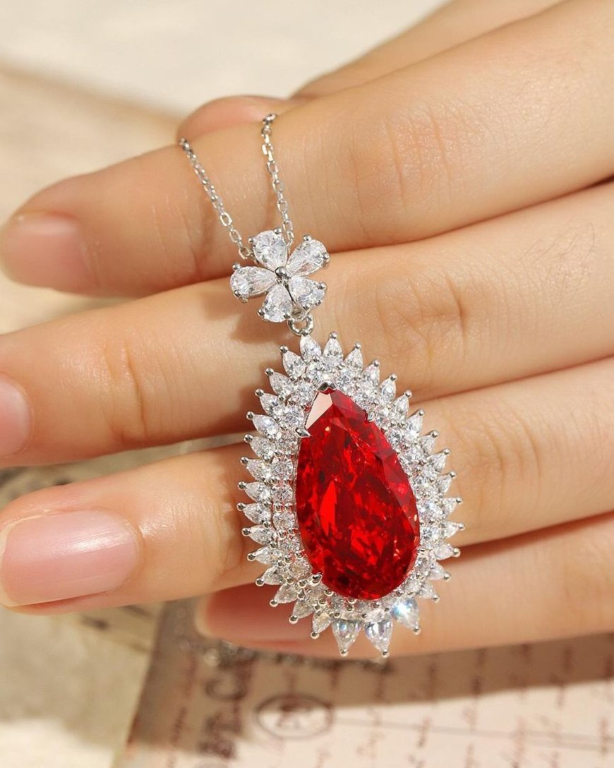 3.20Ct Red Pear Cut Double Halo Pendant | Special Occasion Pendant | Designer Jewelry Piece | Luxury Jewelry