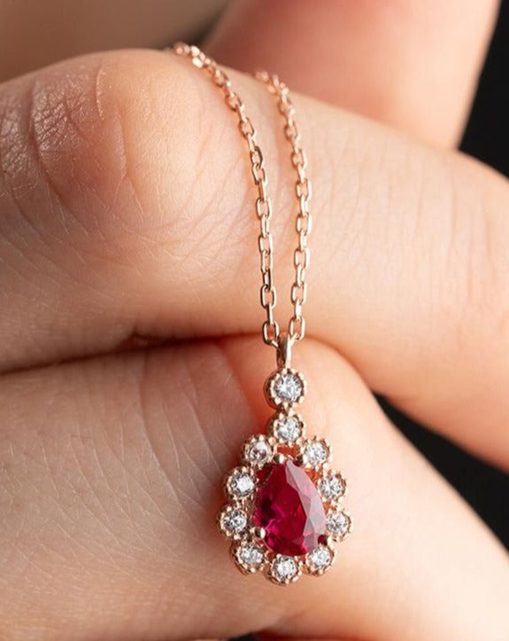 2.50Ct Red Pear Cut Halo Pendant | Wedding Pendant For Women | Statement Pendant For Her | Bridal Jewelry