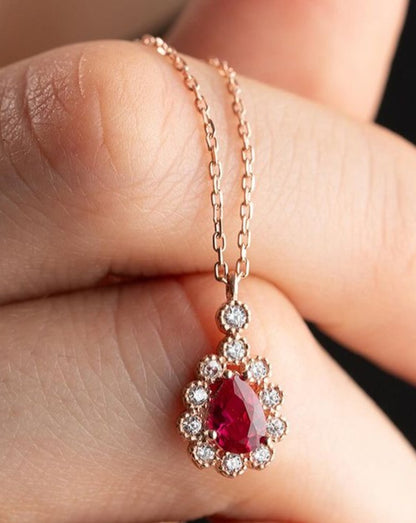 2.50Ct Red Pear Cut Halo Pendant | Wedding Pendant For Women | Statement Pendant For Her | Bridal Jewelry