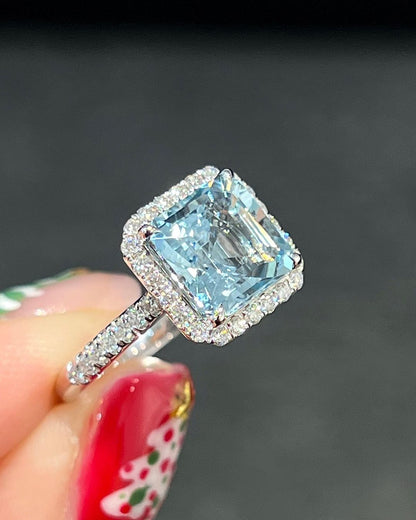 2.8CT Aquamarine Asscher Cut Halo Ring | Party Wear Ring For Women | Unique Ring | Statement Ring