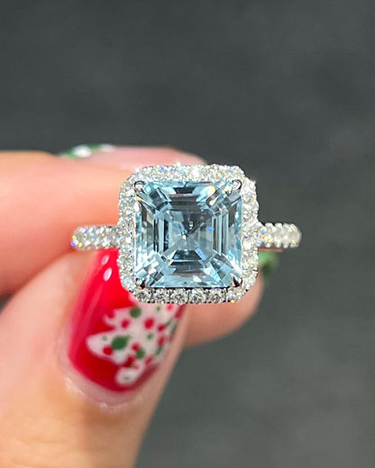 2.8CT Aquamarine Asscher Cut Halo Ring | Party Wear Ring For Women | Unique Ring | Statement Ring