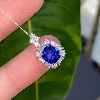 2.85Ct Blue Cushion Cut Halo Pendant | Birthstone Gift Pendant For Her | Statement Pendant For Women | Luxury Jewelry