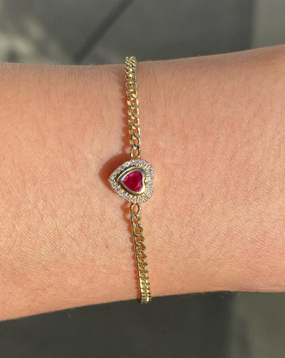 Red Heart Brilliant Cut Signity Diamond Cuban Chain Bracelet For Women | Bezel Set Diamond Chain Bracelet | Anniversary Gift