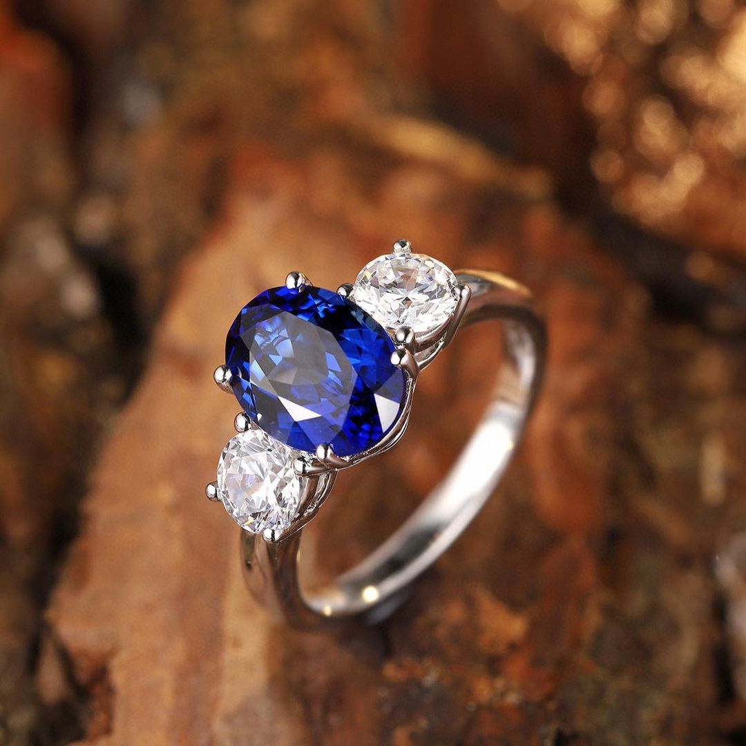 3.1Ct Blue Oval Cut Three Stone Ring | Anniversary Gift Ring | Proposal Ring | Special Occasion Ring