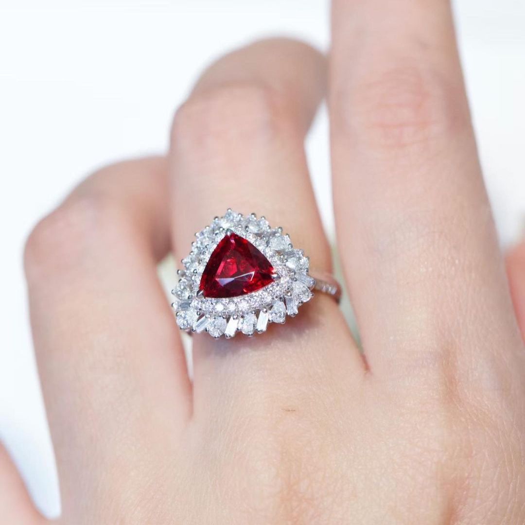 3.2Ct Red Trillion Cut Double Halo Ring | Party Wear Ring For Women | Elegant Design | Special Occasion Ring