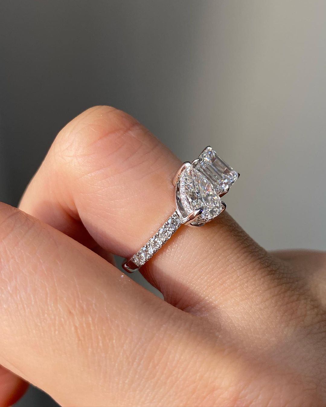2.5Ct White Pear And Emerald Cut Two Stone Ring | Wedding Ring For Bridal | Unique Ring | Customize Ring