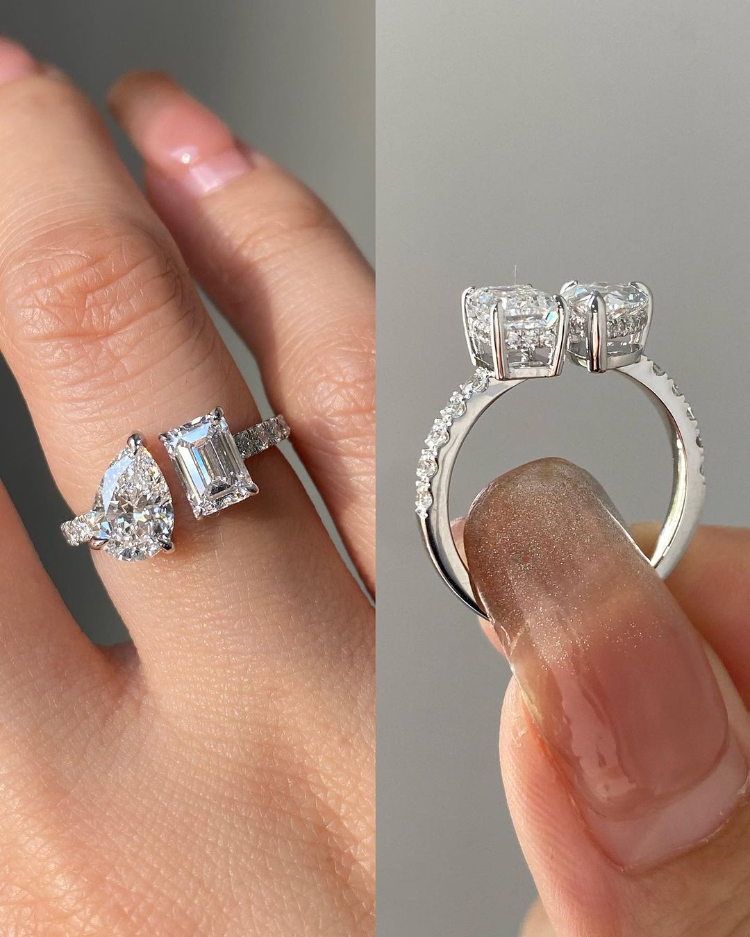 2.5Ct White Pear And Emerald Cut Two Stone Ring | Wedding Ring For Bridal | Unique Ring | Customize Ring