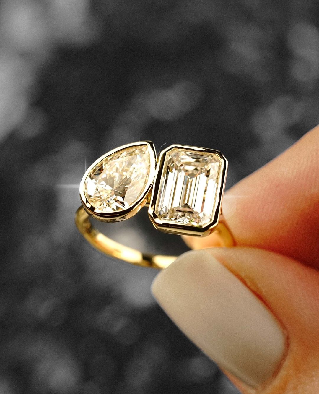2.5Ct White Pear And Emerald Cut Bezel Ring | Toi Et Moi Ring | Wedding Gift Ring | Forever One Ring