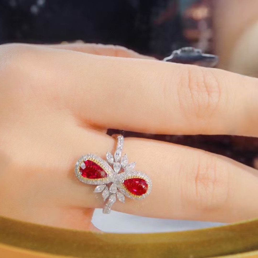 2.8Ct Red Pear Cut Two Stone Ring | Wedding Ring For Bridal | Awesome Ring | Dainty Ring