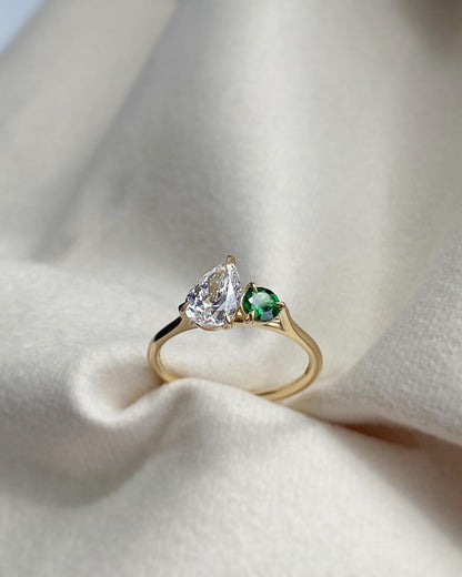 2.4Ct Green Round And White Pear Cut Two Stone Ring | Special Occasion Ring | Birthday Gift Ring For Her | Dainty Ring
