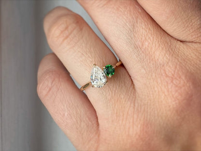 2.4Ct Green Round And White Pear Cut Two Stone Ring | Special Occasion Ring | Birthday Gift Ring For Her | Dainty Ring