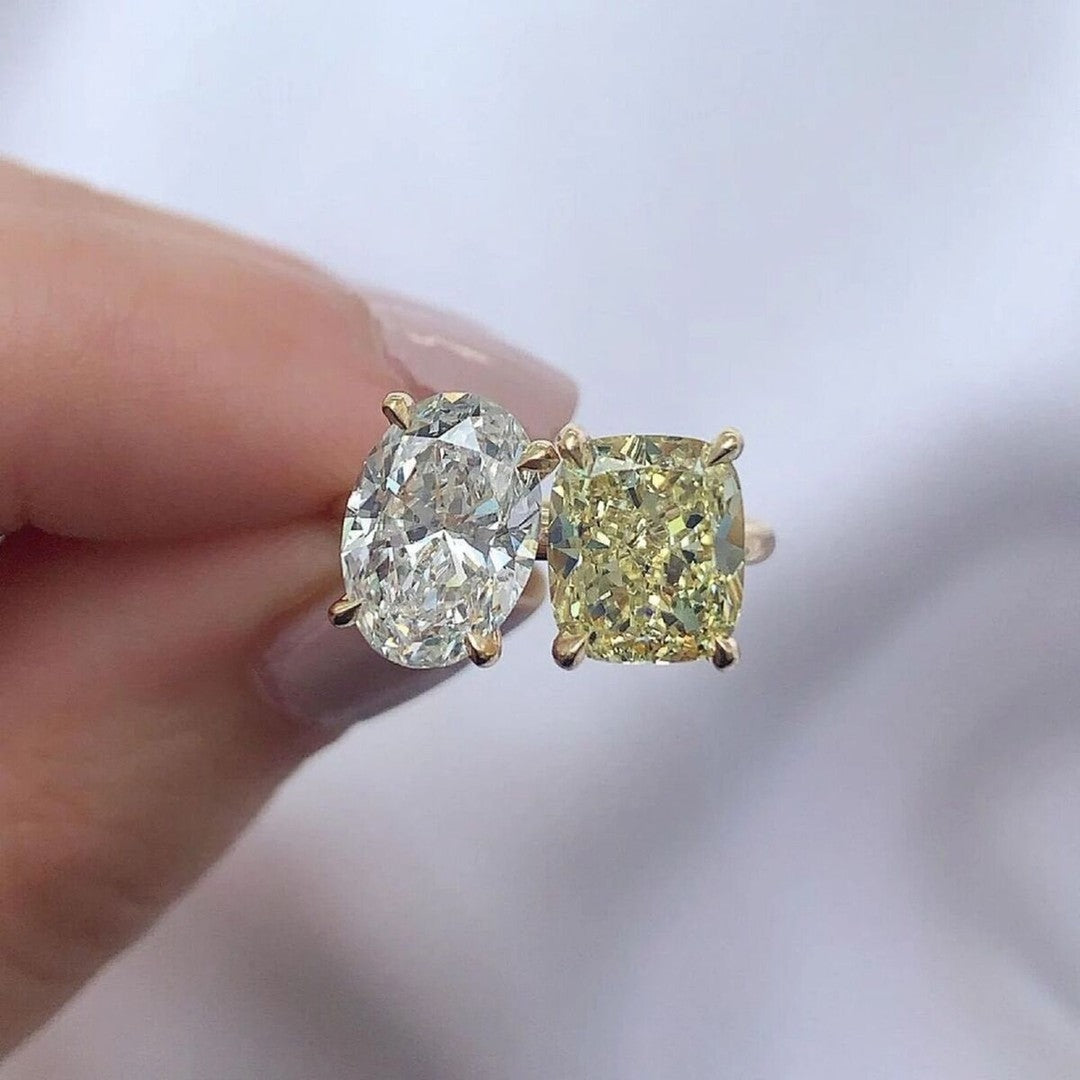 2.6Ct White Oval And Yellow Cushion Cut Two Stone Ring | Birthday Gift Ring | Toi Et Moi Ring | Daily Wear Ring