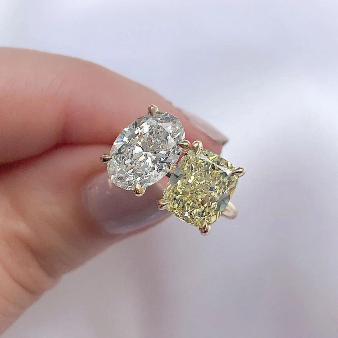 2.6Ct White Oval And Yellow Cushion Cut Two Stone Ring | Birthday Gift Ring | Toi Et Moi Ring | Daily Wear Ring