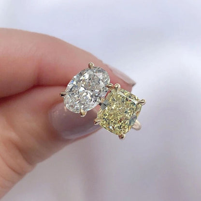 2.6Ct White Oval And Yellow Cushion Cut Two Stone Ring | Birthday Gift Ring | Toi Et Moi Ring | Daily Wear Ring