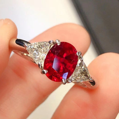 2.8Ct Red Oval Cut Three Stone Ring | Anniversary Ring | Party Wear Ring | Promise Ring
