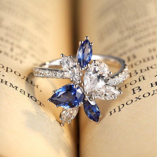 2.2Ct White And Blue Pear Cut Cluster Ring | Party Wear Ring For Women | Fashionable Ring | Modern Bridal Ring