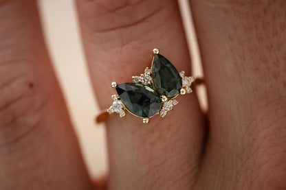 2.6CT Green Pear Cut Two Stone Ring | Anniversary Gift Ring | Gift For Women | Elegant Ring