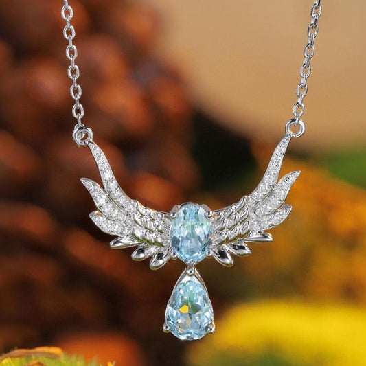 Wings Shape 3.20Ct Aquamarine Color Oval And Pear Cut Two Stone Pendant | Birthday Gift For Her | Surprise Gift Pendant | Jewelry Collection