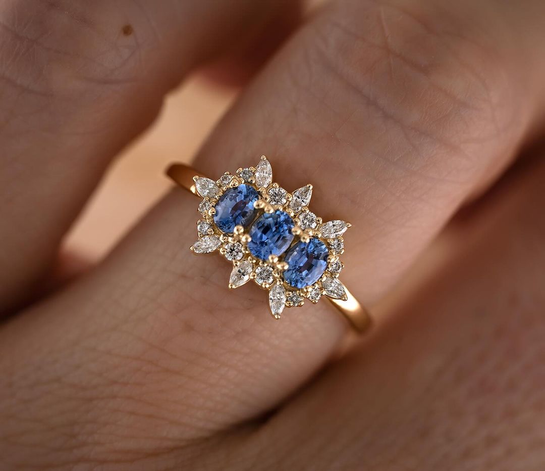 2.6Ct Blue Oval Cut Three Stone Ring | Wedding Ring For Bridal | Stacking Ring | Forever One Ring