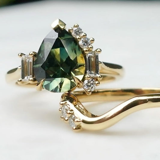 3.20Ct Green Blue Pear Cut Moissanite Solitaire Ring Set | Wedding Ring Set For Bridal | Designer Ring Set | Timeless Design