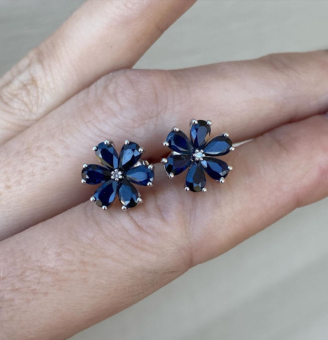 Flower Shape Blue Pear Cut Cubic Zirconia Cluster Stud Earring | Stylish Designer Earring For Women | Fashionable Gift Earring For Her | Glamorous Earring