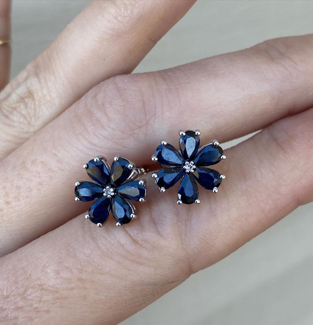 Flower Shape Blue Pear Cut Cubic Zirconia Cluster Stud Earring | Stylish Designer Earring For Women | Fashionable Gift Earring For Her | Glamorous Earring