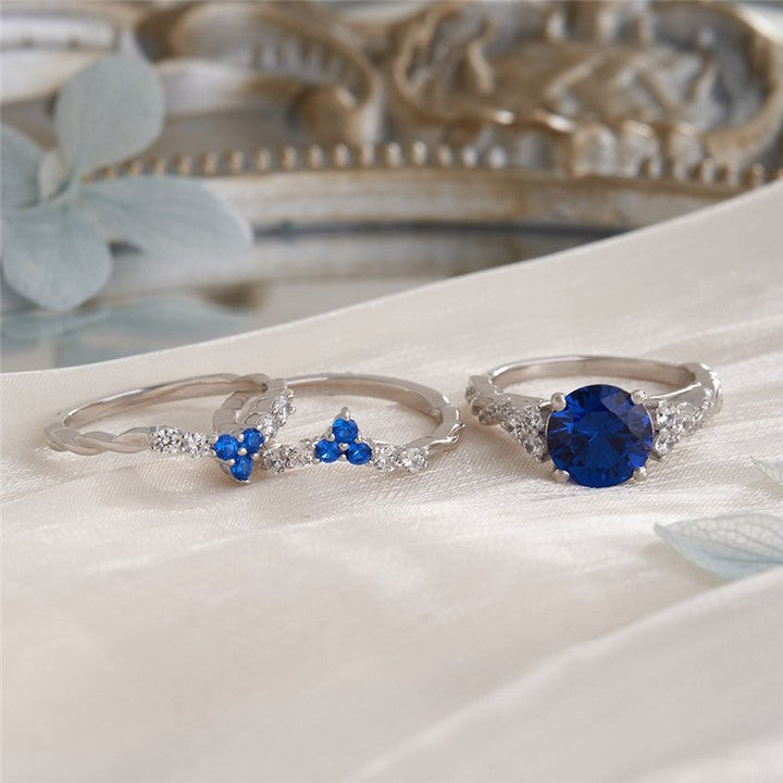 2.8CT Blue Round Cut Solitaire Ring Set | Bridal Wedding Ring Set | Triple Band Ring Set | Unique Ring Set