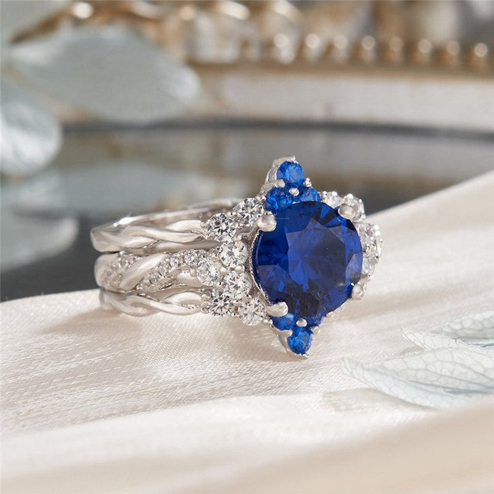 2.8CT Blue Round Cut Solitaire Ring Set | Bridal Wedding Ring Set | Triple Band Ring Set | Unique Ring Set