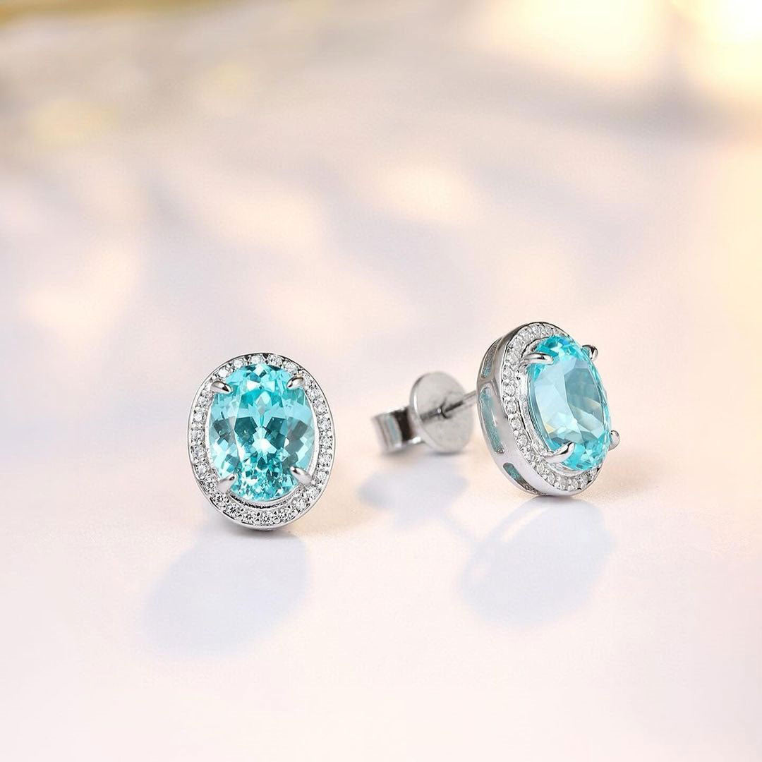 Aquamarine Oval Cut Cubic Zirconia Halo Stud Earring For Her | Push Back Stud Earring | Party Wear Earring For Women