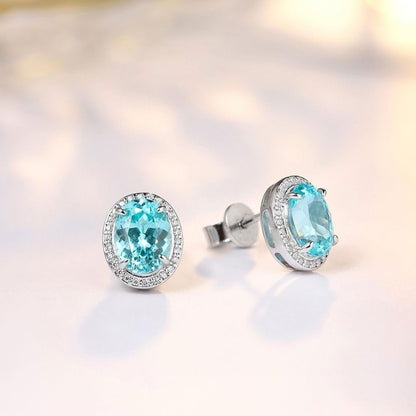 Aquamarine Oval Cut Cubic Zirconia Halo Stud Earring For Her | Push Back Stud Earring | Party Wear Earring For Women