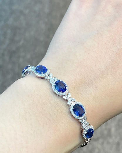 Blue Oval Brilliant Cut Signity Diamond Halo Bracelet For Her | Anniversary Gift Bracelet For Wife | Luxury Jewelry For Her