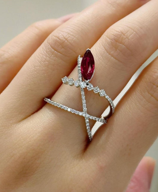 2.1CT Red Marquise Cut Solitaire Band | Proposal Band | Criss Cross Band | Fancy Band