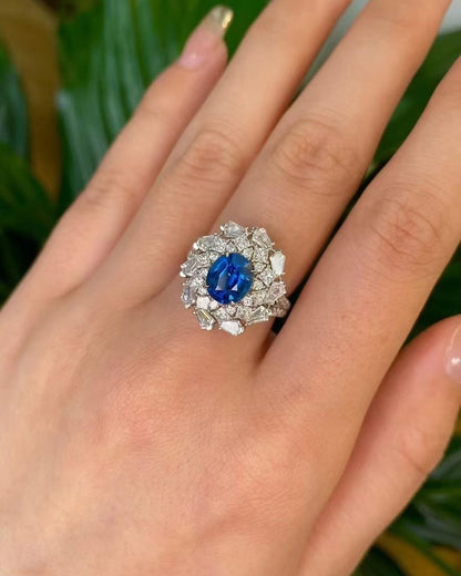 3.8CT Blue Oval Cut Cluster Ring | Party Wear Ring For Women | Designer Ring | Fashionable Ring