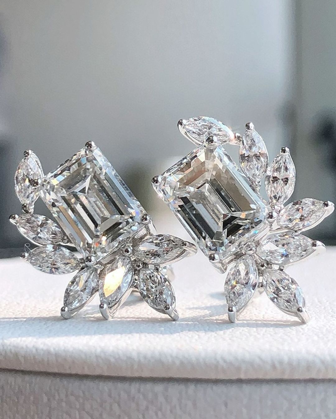 White Emerald Cut Cubic Zirconia Solitaire With Cluster Stud Earring | Bridesmaid Wedding Earring | Special Occasion Earring For Women