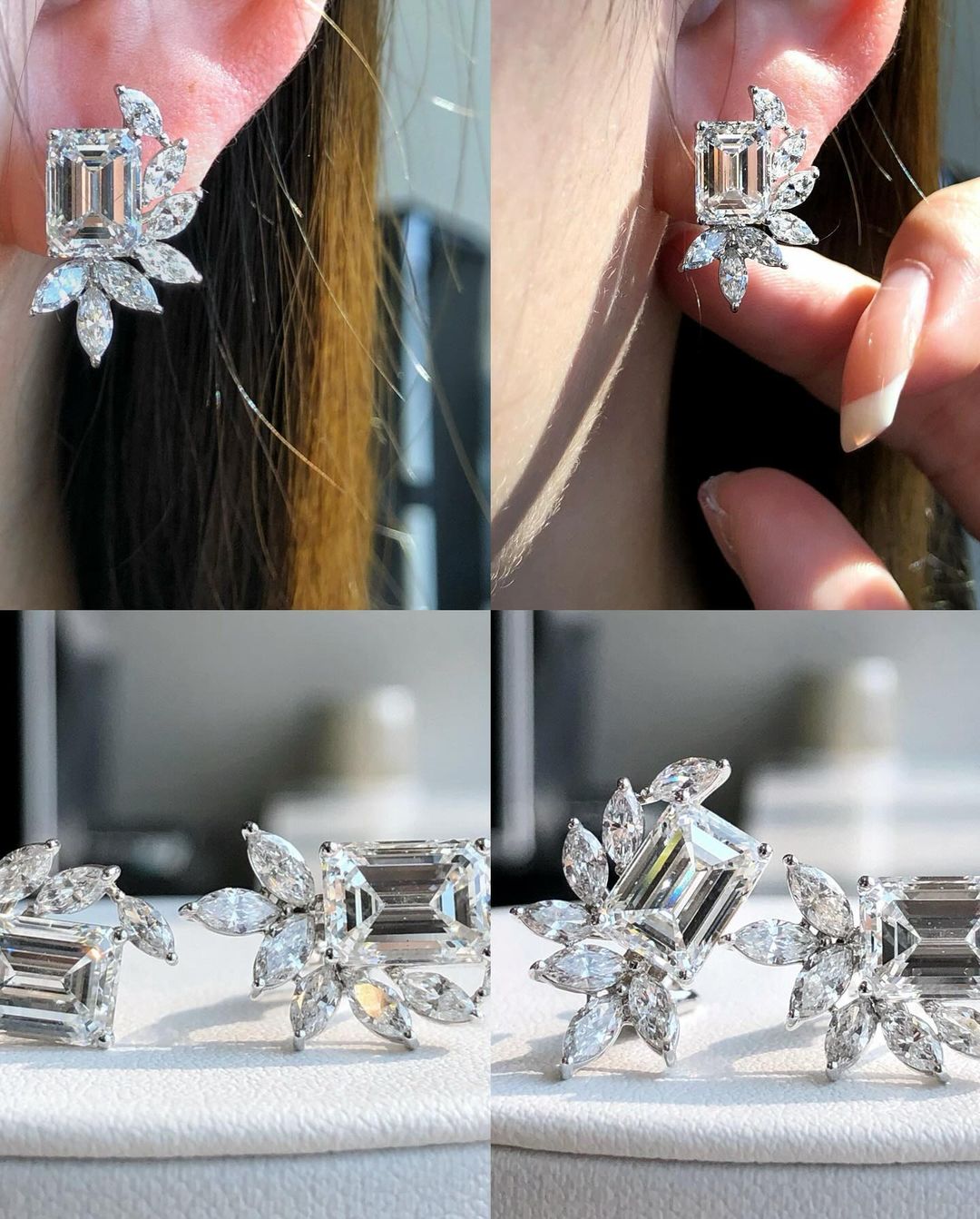 White Emerald Cut Cubic Zirconia Solitaire With Cluster Stud Earring | Bridesmaid Wedding Earring | Special Occasion Earring For Women