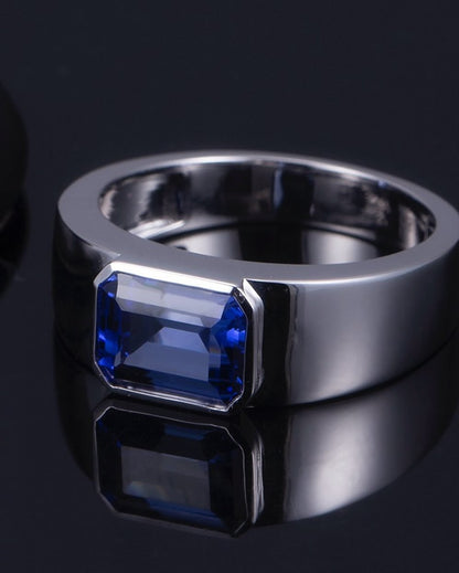 2.6CT Blue Emerald Cut Bezel Ring | Birthstone Ring For Women | Promise Ring | Luxury Jewelry