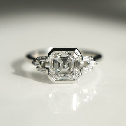 3.1Ct White Asscher Cut Half Bezel Ring Set | Engagement Ring Set For Fiancee | Double Band Ring Set | Jewelry Collection For Women