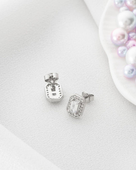 White Baguette Cut Cubic Zirconia Halo Setting Stud Earring For Her | Engagement Promise Stud Earring For Fiancee | Designer Earring For Women