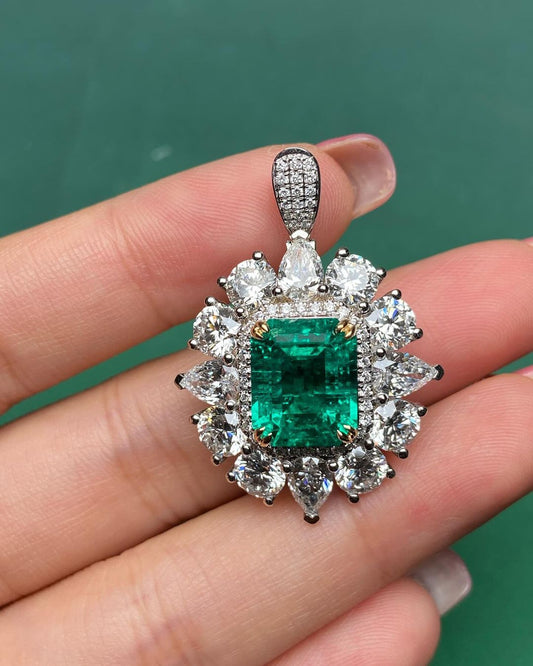 2.80Ct Green Emerald Cut Double Halo Pendant | Party Wear Pendant For Women| Beautiful Pendant | Luxury Jewelry