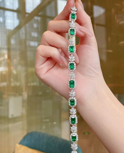 Green Emerald Brilliant Cut Signity Diamond Halo With Cluster Bracelet | Wedding Jewelry Gift Bracelet For Bridal | Stylish Engagement Gift For Love