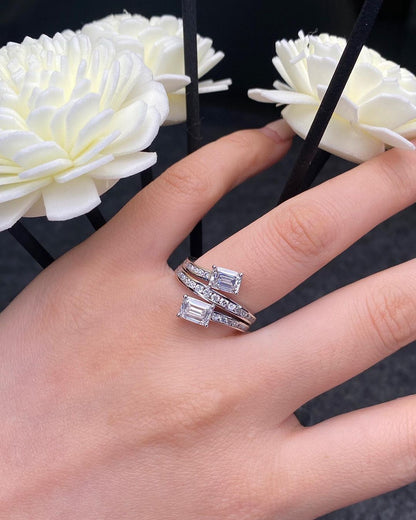 2.2Ct White Emerald Cut Two Stone Ring For Her | Bypass Shank Ring For Women | Daily Wear Ring | Women Jewelry Collection
