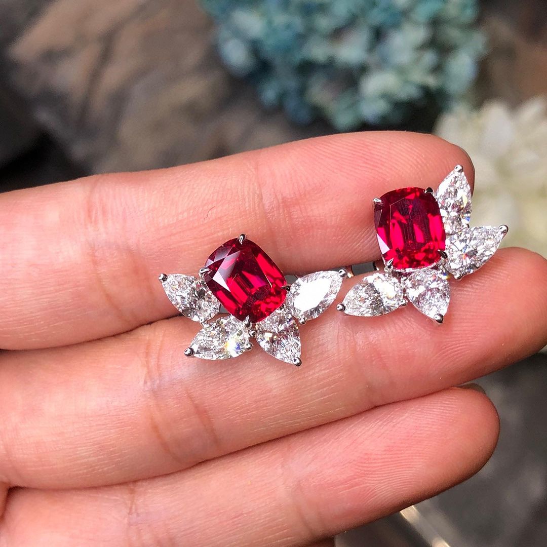 Red Cushion Cut Cubic Zirconia Solitaire With Cluster Earrings For Her | Party Wear Earring For Women | Special Occasion Gift Earring For Love