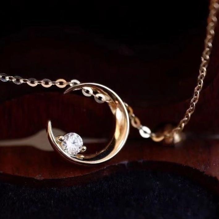 Crescent moon Shape 2.10Ct White Round Cut Prong Pendant | Delicate Solo Diamond Pendant | Modern Design Pendant | Fashion Jewelry