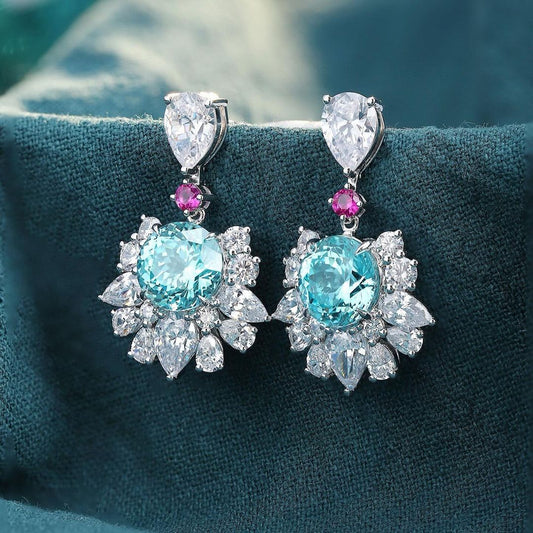 Aquamarine Round Cut Cubic Zirconia Solitaire With Cluster Drop Earring For Women | Bridesmaid Wedding Earring | Perfect Gift For Special Occasion Earring